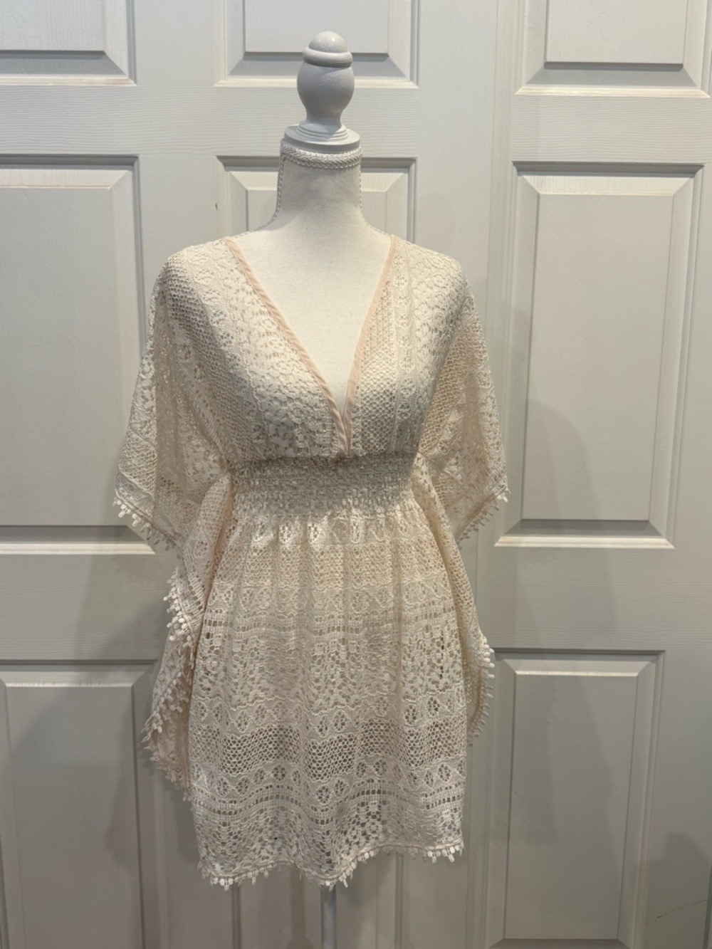 Cream Lace Boho Mini Dress / Swim Cover Open Back Festival Resort